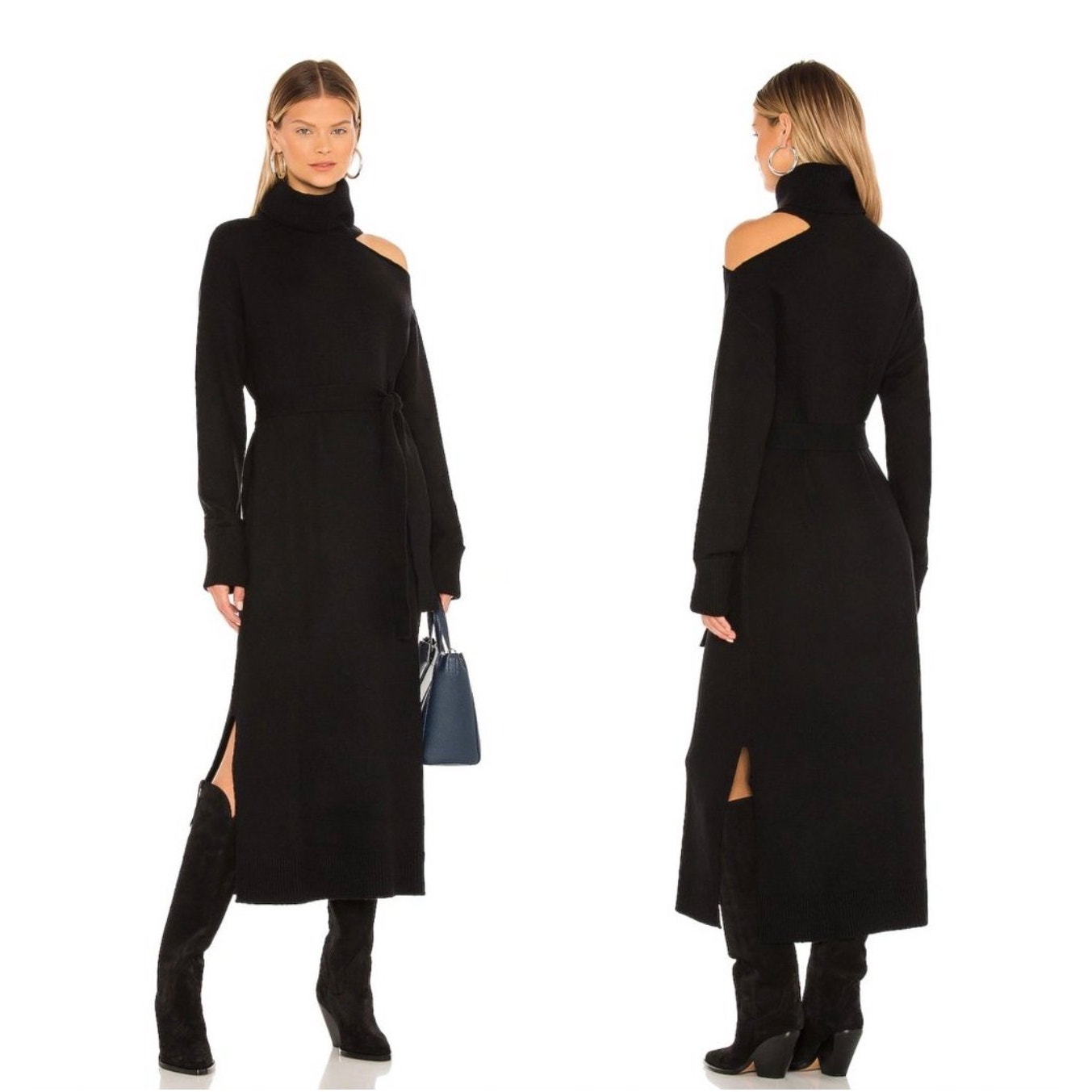 Paige Raundi Sweater Dress Black Wool Midi Turtleneck Cold Shoulder Size L